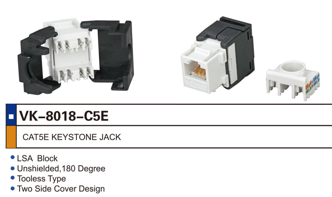 Lsa Block Unshielded 180 Degree Tooless Type Cat5e Keystone Jack with Two Side Cover Design