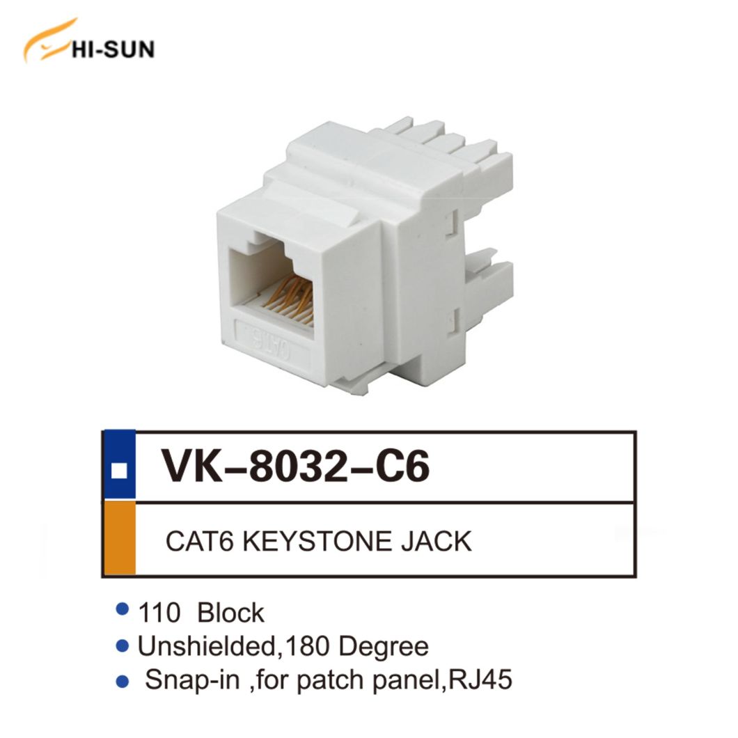 110 Block Unshielded 180 Degree CAT6 Keystone Jack Tooless Type Two Side Cover Design