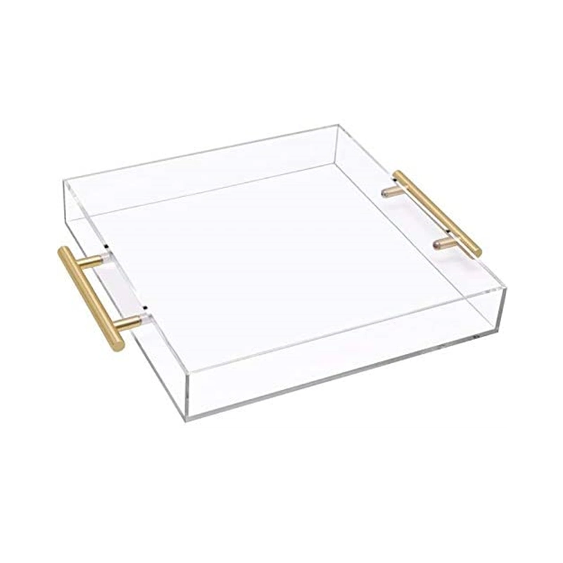 Yageli Custom China Factory Clear PMMA Cutlery Tray Wholesale Acrylic Serving Tray with Gold Handles