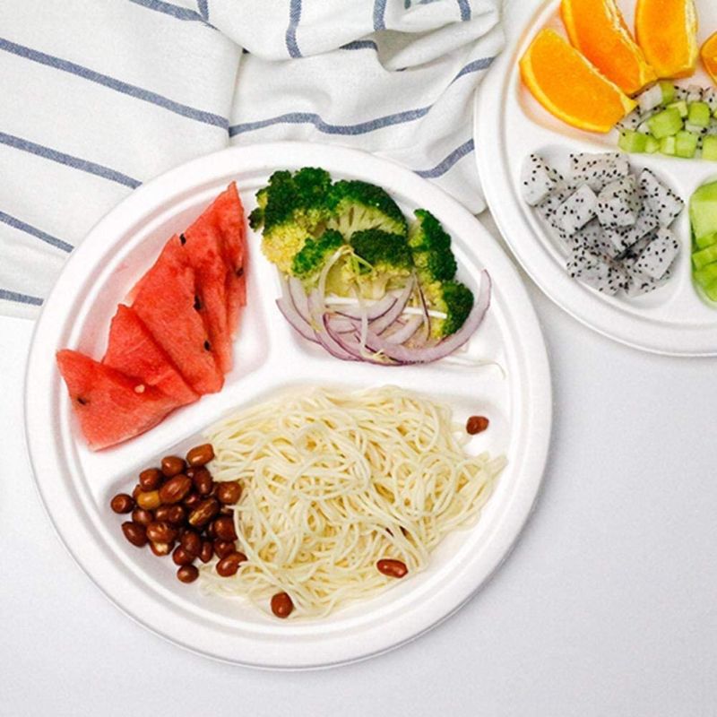 Disposable Eco-Friendly Biodegradable Compostable Bagasse Paper Plates with 3 Compartment