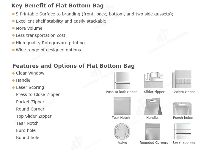 Custom Printed Zipper Wholesale Flat Bottom Bag