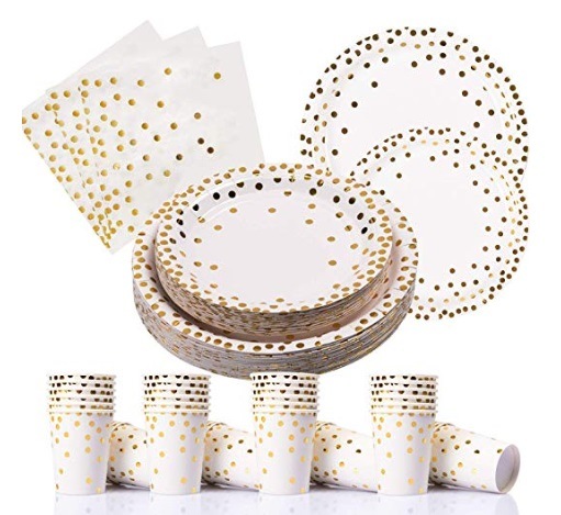 200PCS Gold DOT Disposable Paper Plates, Cups and Napkins, Tableware Sets
