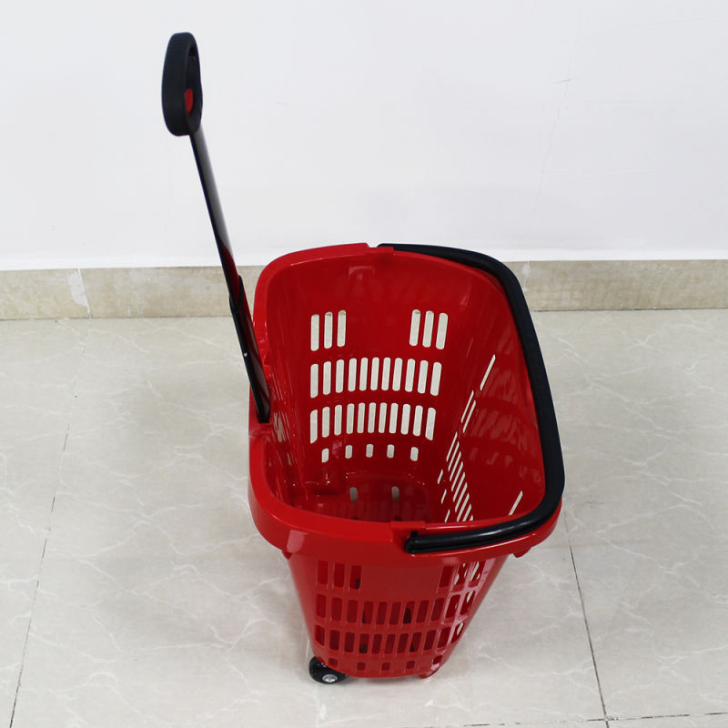 Supermarket Plastic Rolling Shopping Hand Basket with Handles with 2 Wheels