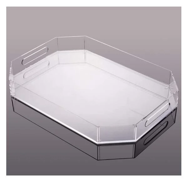 Acrylic Polygon Cleat Tray with Side Handles Decorative Display, Countertop, Kitchen, Vanity Serve Tray