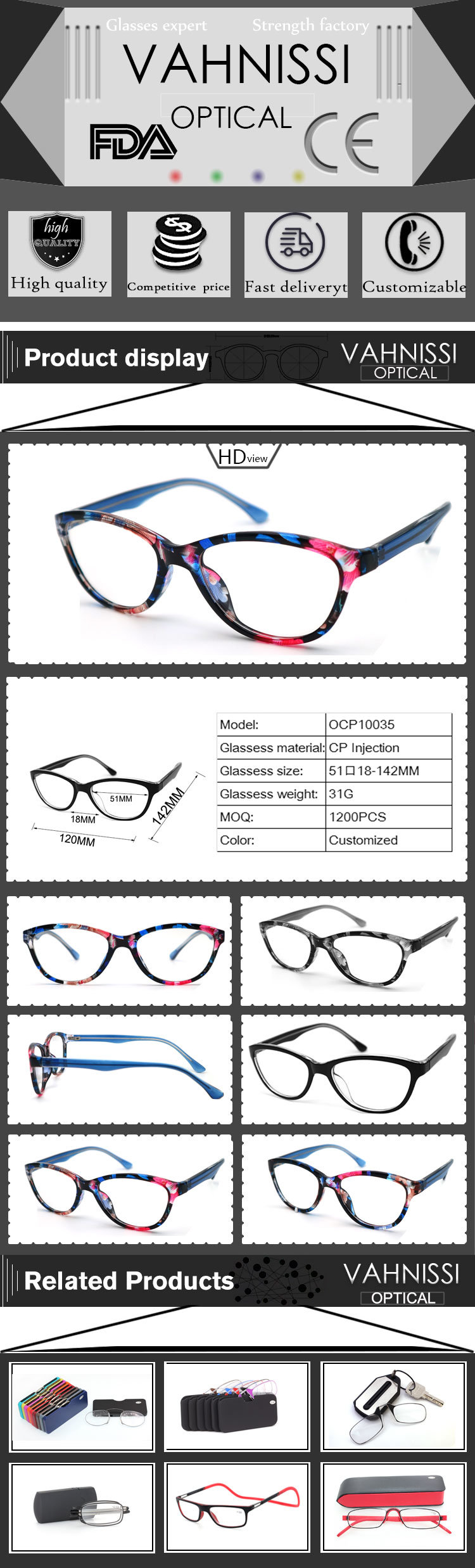 Fashion Custom Logo Colorful Cat Eye Stylish Glasses Frame