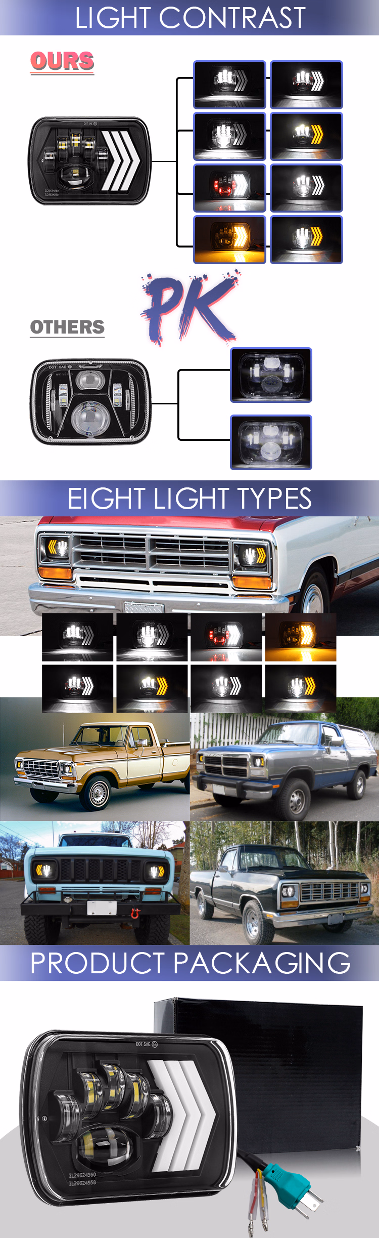 2020 New Arrival DRL Warning Light Turn Lights Rectangular 6X7 LED Headlight for Trucks