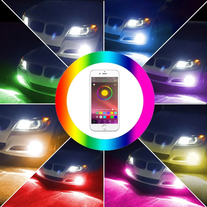 Music Control Colorful Aurora RGB LED Headlight 1+1 Design H7 H11 H4 Mini LED Car LED Bulb Headlight