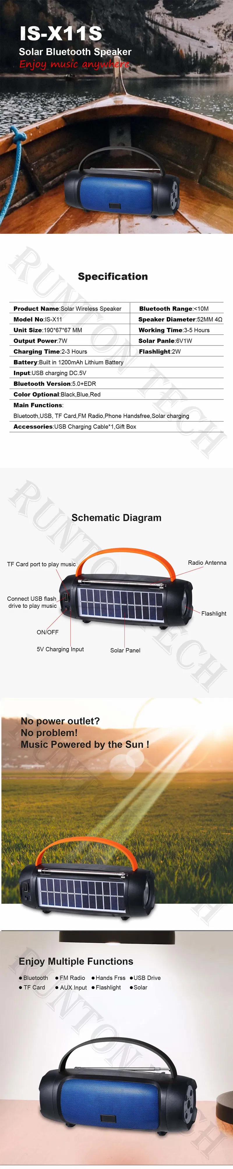 Is-X11s Portable Solar Power Energy Wireless Bluetooth Speaker with Flashlight USB FM Radio