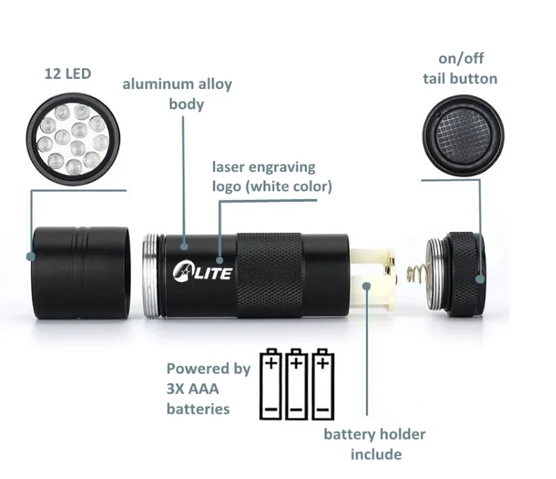 Ultraviolet Flashlight for 12LED Blacklight Flashlight