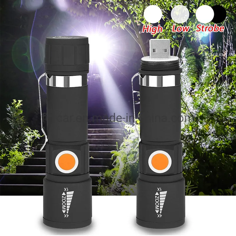 USB Torch Zoomable 3 Modes Waterproof Flashlight with Built in Battery Power