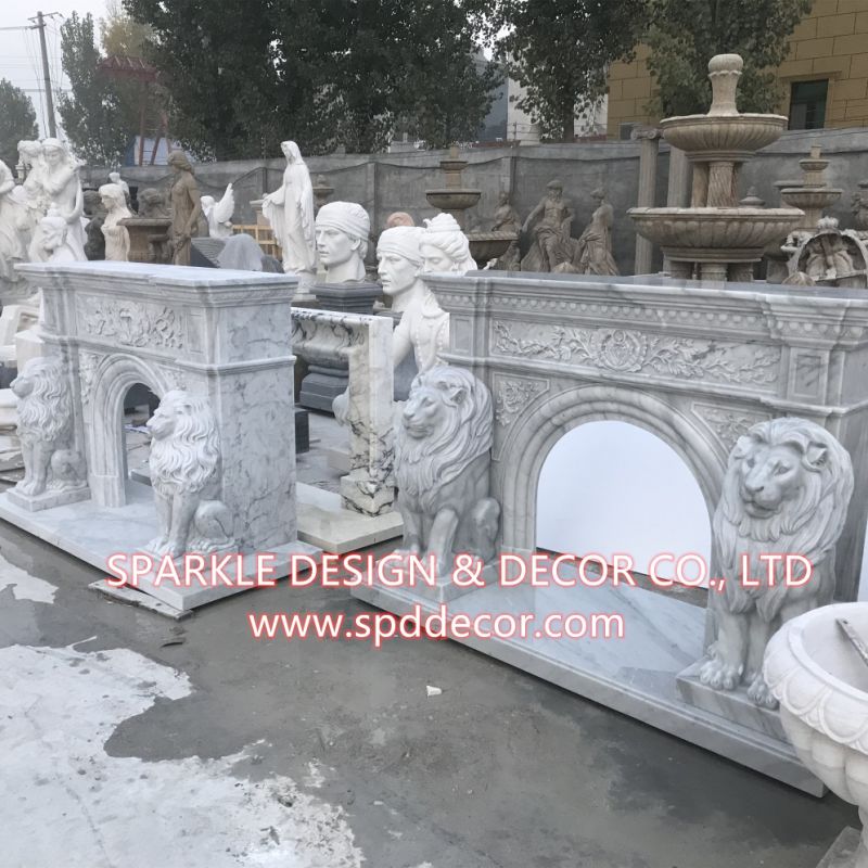 Customized Carved Big White Marble Lion Fireplace Mantel for Living Room