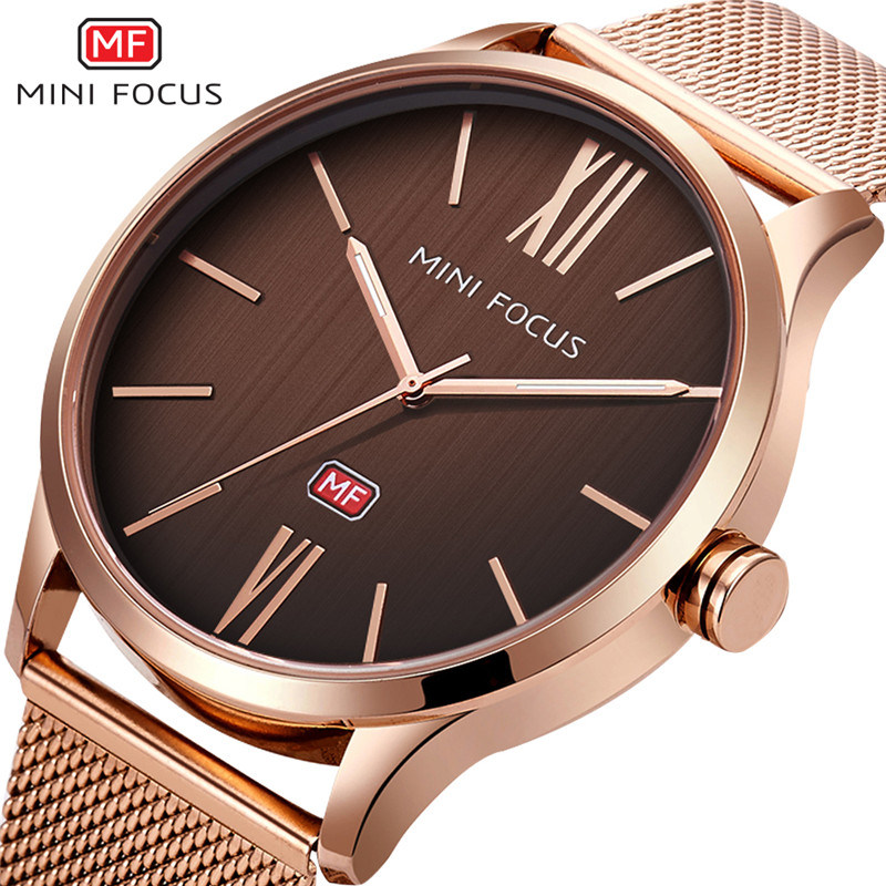Mini Focus Gold Brown Fashion Quartz Wrist Watch for Men