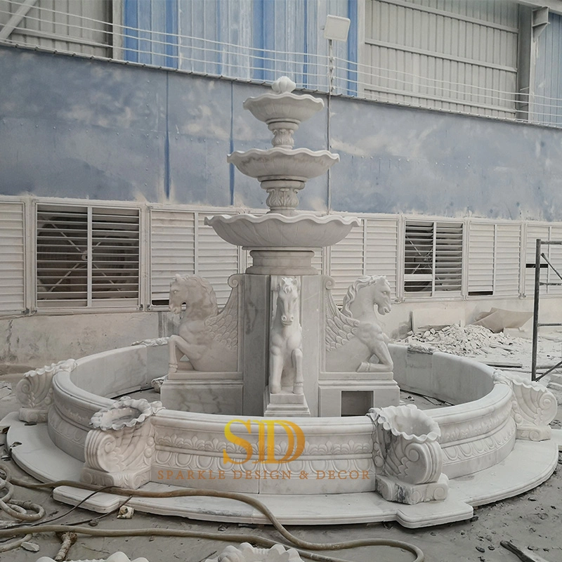 Round Shape Hand Carved White Marble Fountain with Horse Statues for Entrance/Porch/Garden