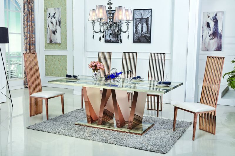Stainless Steel Dining Table in Rose Gold with Marble Top