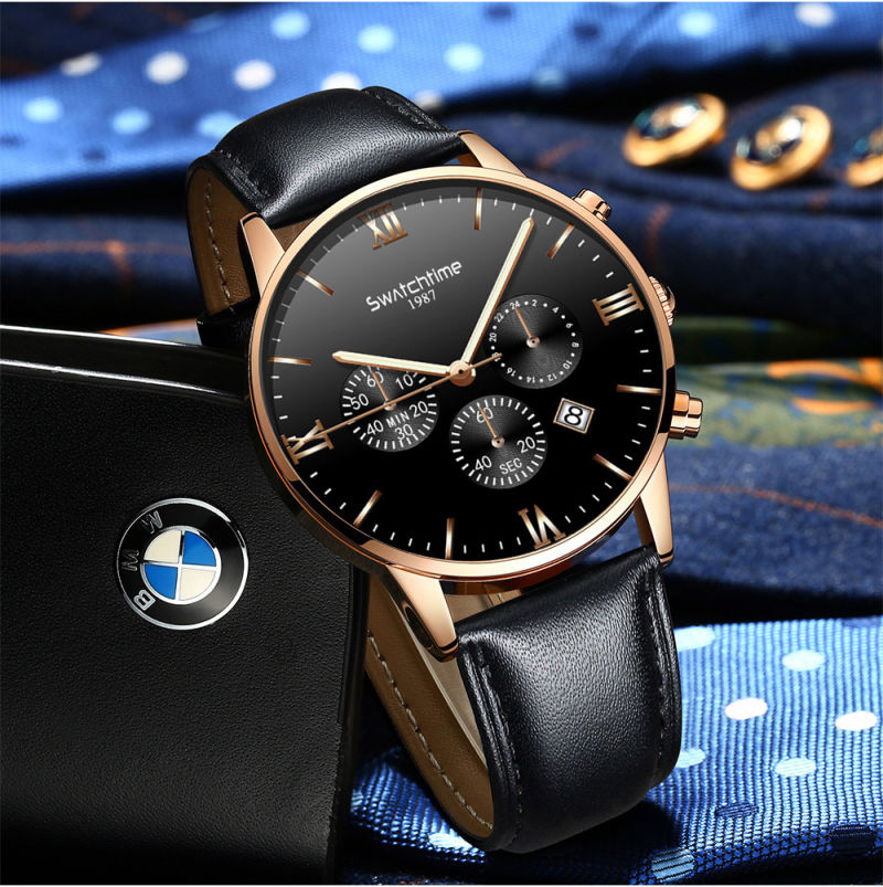 Rose Gold Leather Watch Chronograph Wristwatches for Business Men