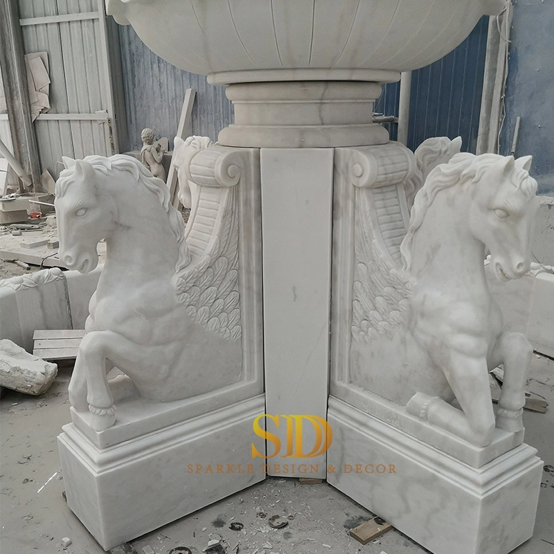 Round Shape Hand Carved White Marble Fountain with Horse Statues for Entrance/Porch/Garden