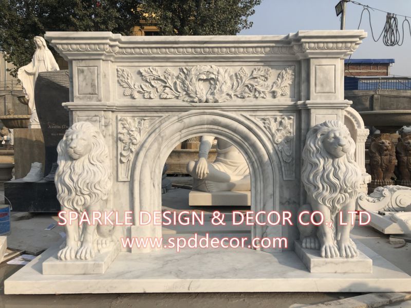 Customized Carved Big White Marble Lion Fireplace Mantel for Living Room