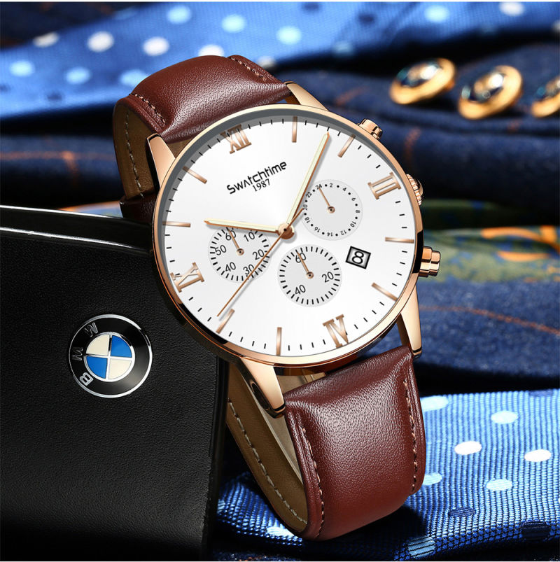 Rose Gold Leather Watch Chronograph Wristwatches for Business Men