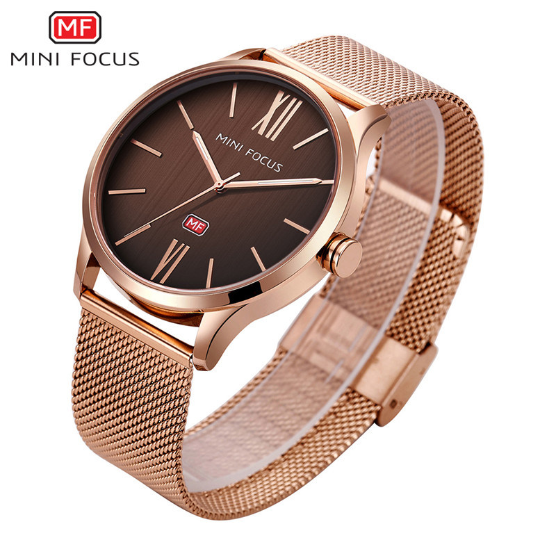 Mini Focus Gold Brown Fashion Quartz Wrist Watch for Men
