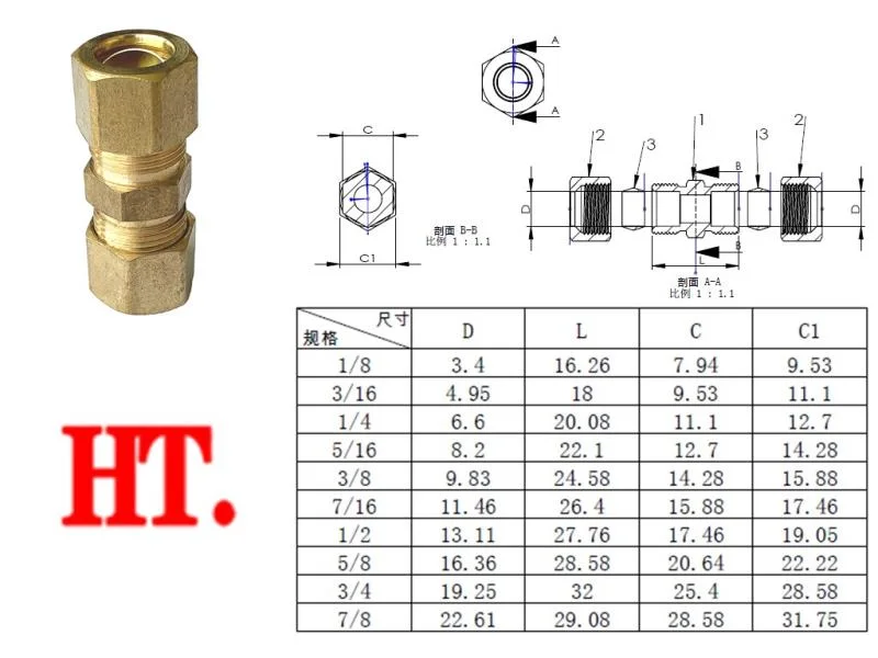 Brass Compression Union (OD X OD) 1/8*1/8