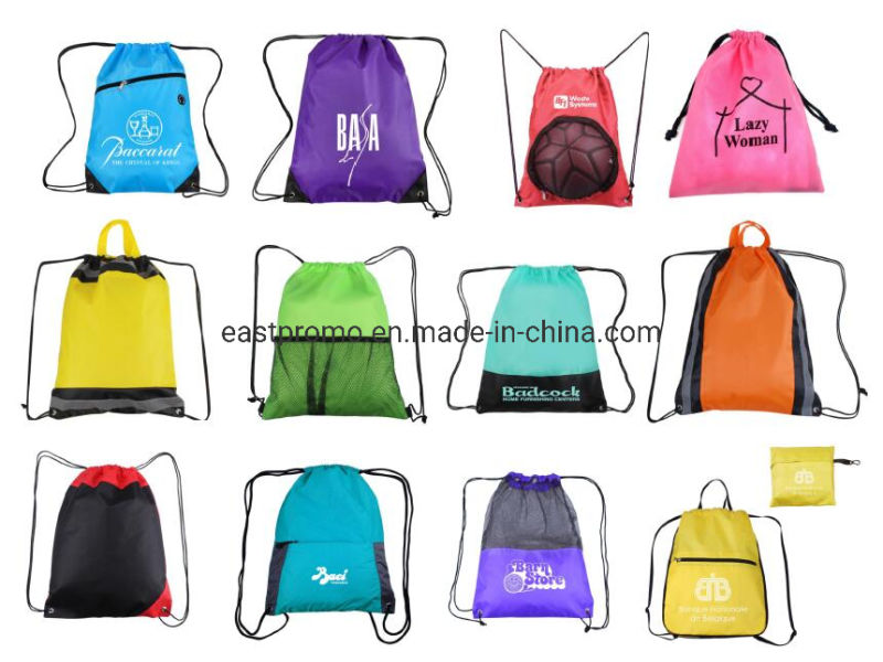 Polyester Drawstring Backpack Sport Shoulder Bag with Mesh Pocket
