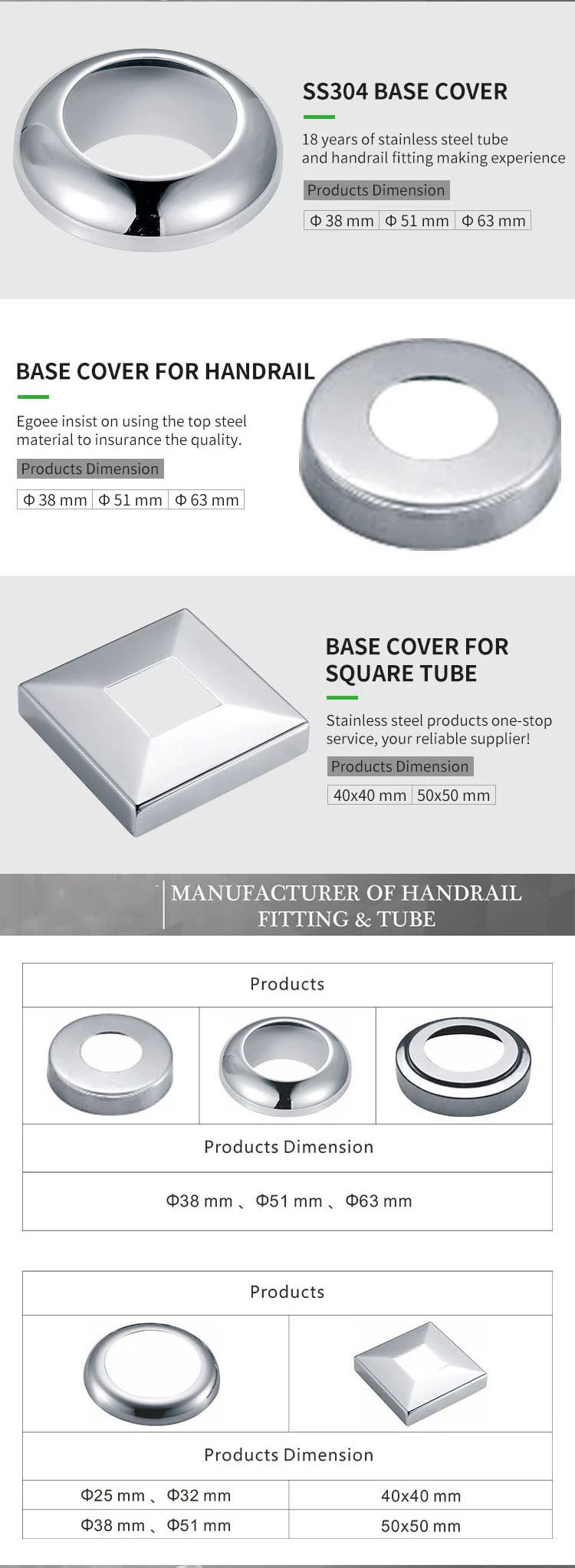 Handrail Railing Base Flange Stainless Steel Round Handrail Cover Plate