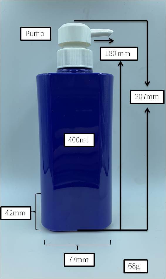 400ml Shampoo, Shower Gel and Lotion Blue Transparent Custom Pet Plastic Bottle.