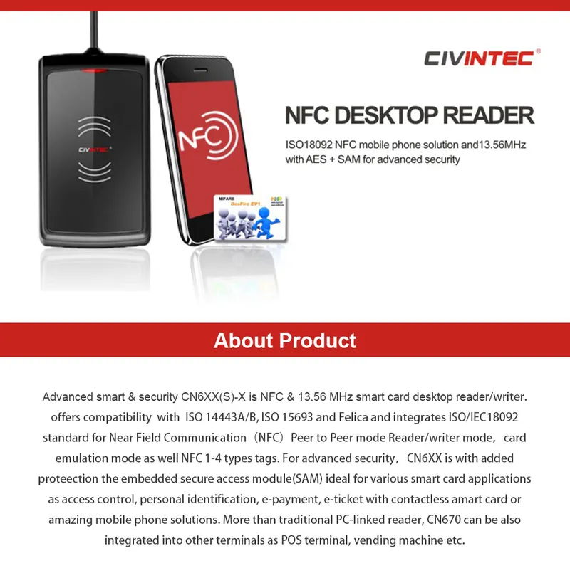 USB Smart Card Reader Writer Compatible with All Smart Cards