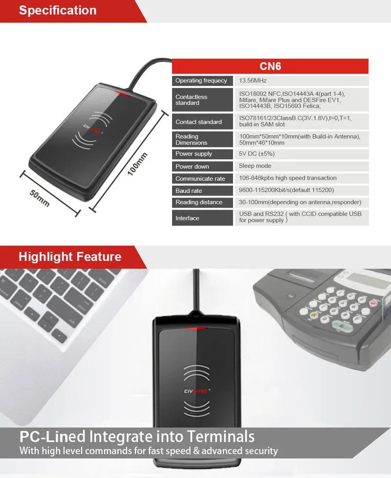 USB Smart Card Reader Writer Compatible with All Smart Cards