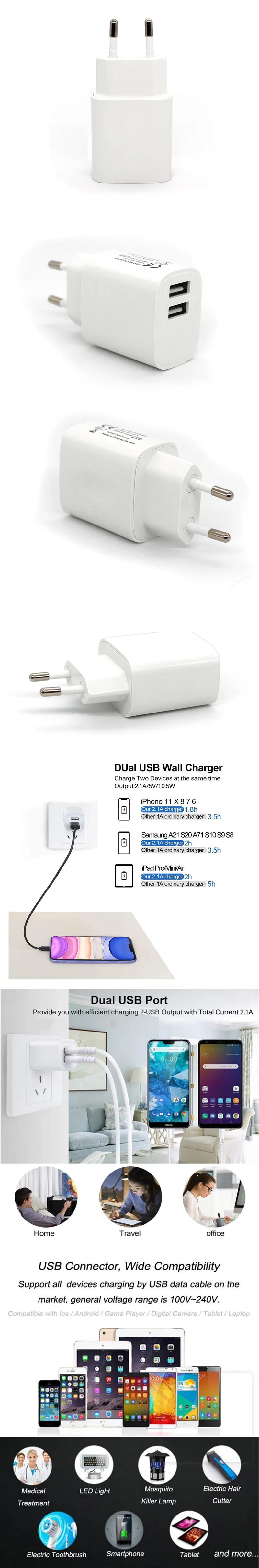 EU Two Port USB 5V 2.1A 2 USB Travel Adapter Wall Charger