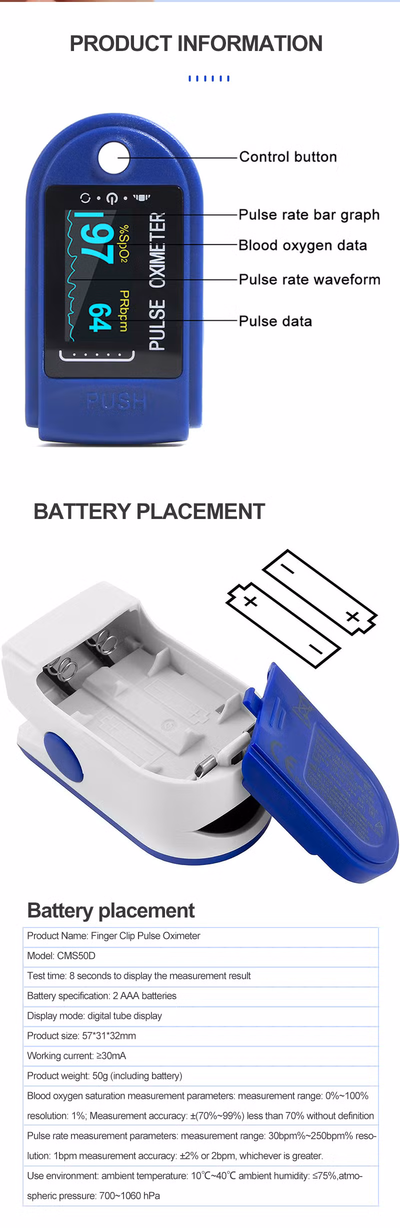 Blood Oxygen Oximeter with 4 Color TFT Screen