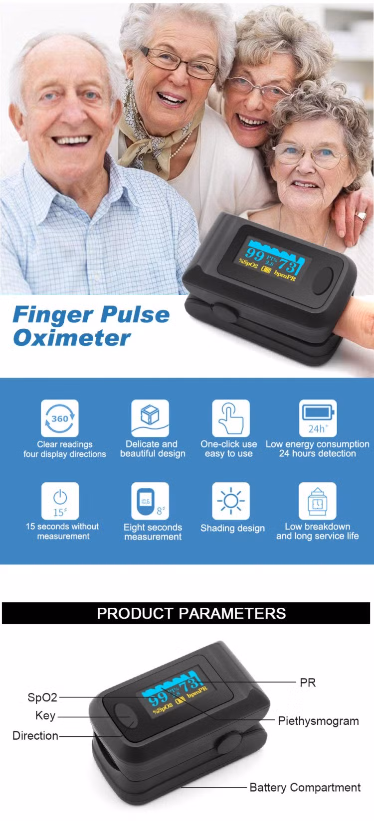 Finger Pulse Oximeter Blood Oxygen Monitor for Hospital Use