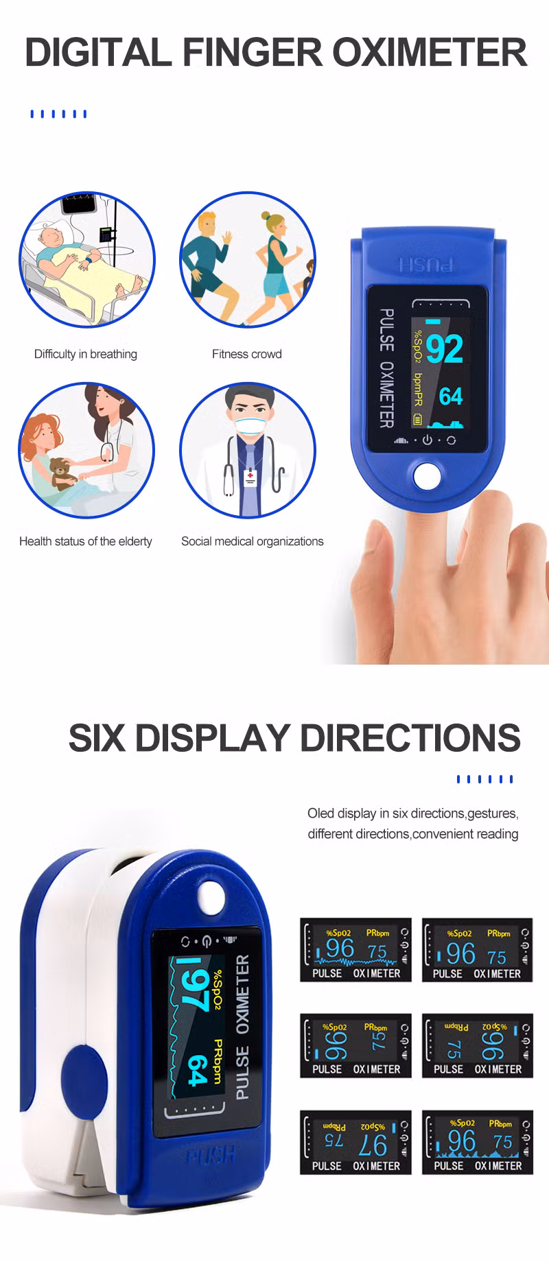 Blood Oxygen Oximeter with 4 Color TFT Screen