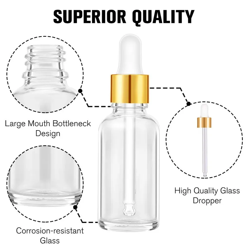 Refillable Essential Oil Glass Bottles with Gold Metal and Glass Dropper