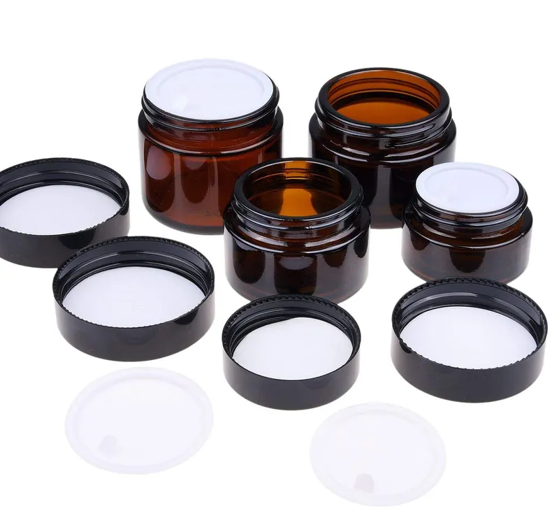 Set of Four Glass Amber Bottle Refillable Cosmetics Jars with Lid