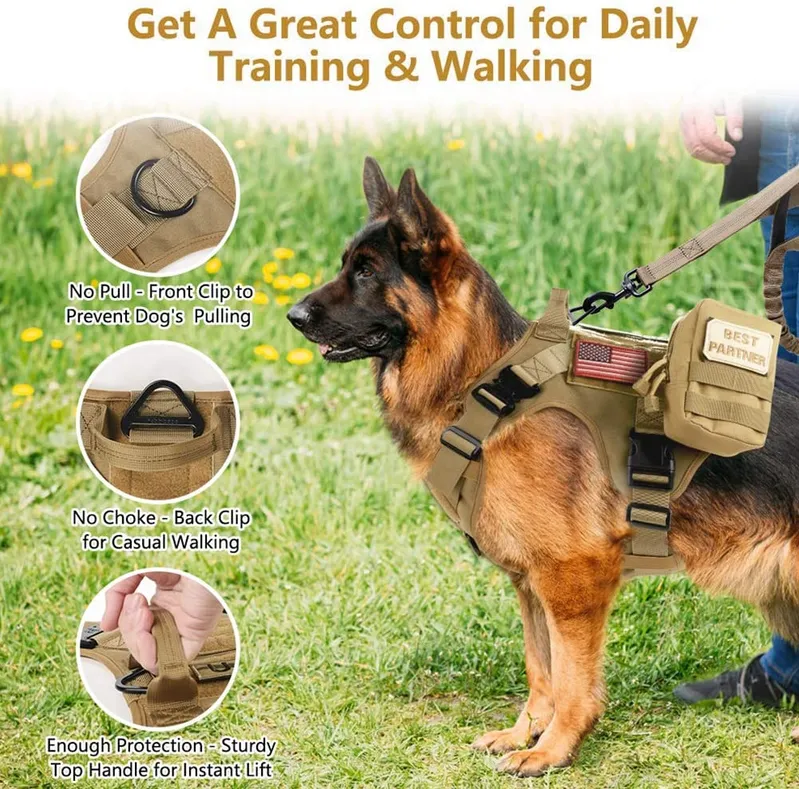 Tactical Dog Harness and Bungee Dog Leash for Large Medium Dogs