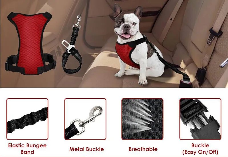 Pet Dog Adjustable Safety Dog Car Seat Belt with Mesh Vest