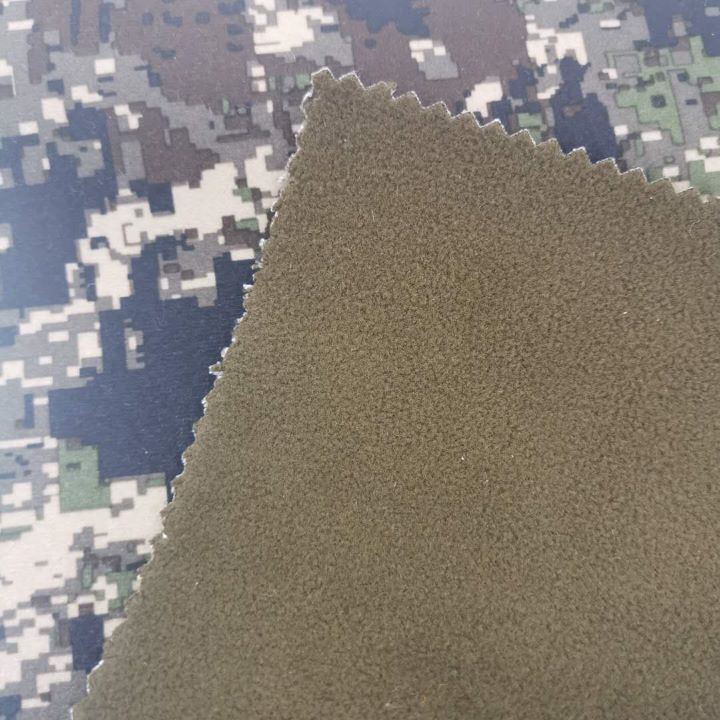 Camouflage Print 50d Brushed Tricot Laminated Polyester Microfleece Fabric
