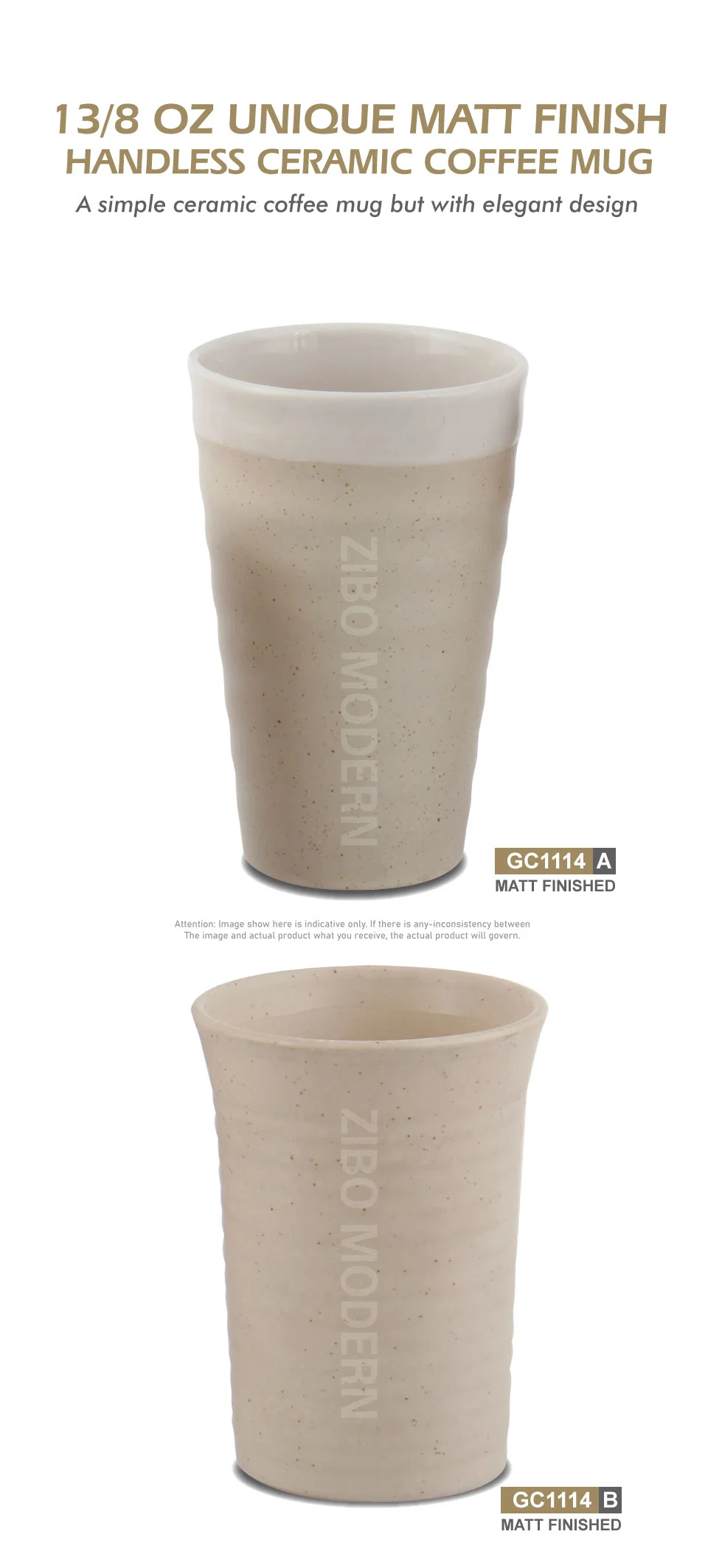 13/8 Oz Unique Matt Finish Handless Ceramic Coffee Mug - Porcelain Coffee/Tea Mug, Stoneware
