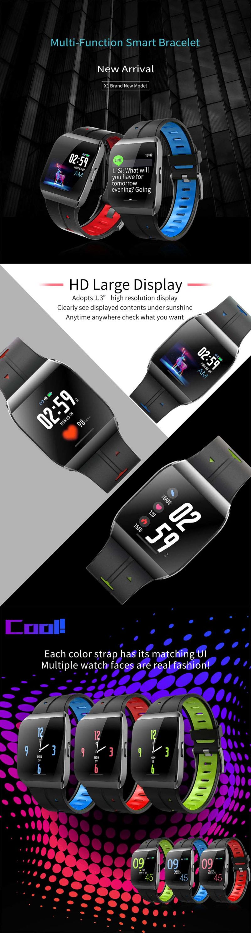 Sport X1 Big Screen Color Screen Health Fitness Bluetooth Smart Watch