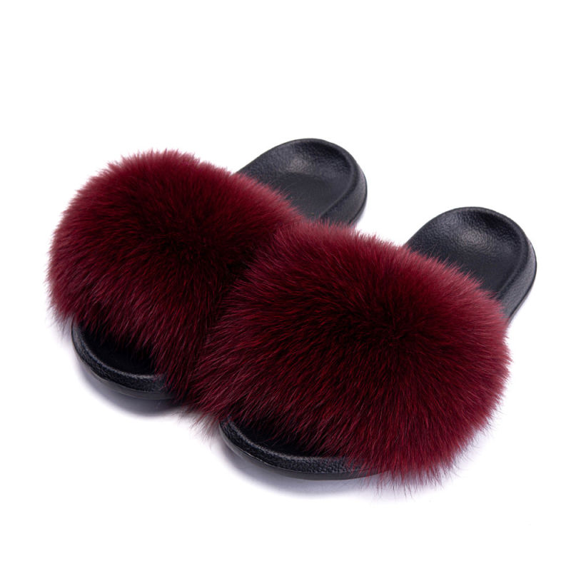 Women's Fox Fur Slides Furry Slide Sandals Summer Fur Slippers