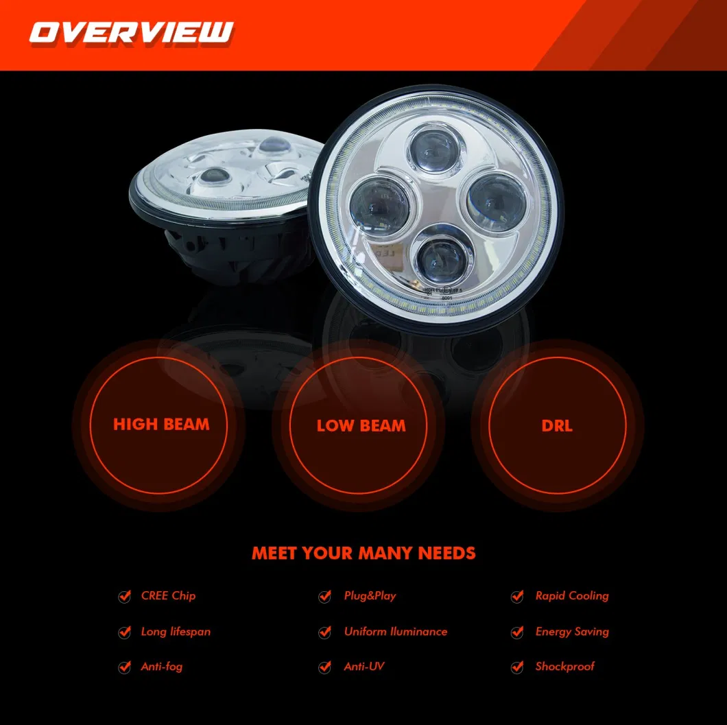 H4 Base 7 Inch LED Projector Headlights White LED Jeep Auto Lights