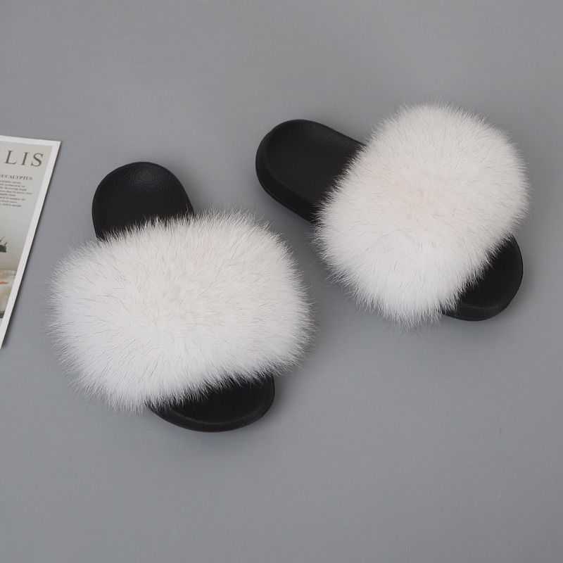 Women's Fox Fur Slides Furry Slide Sandals Summer Fur Slippers