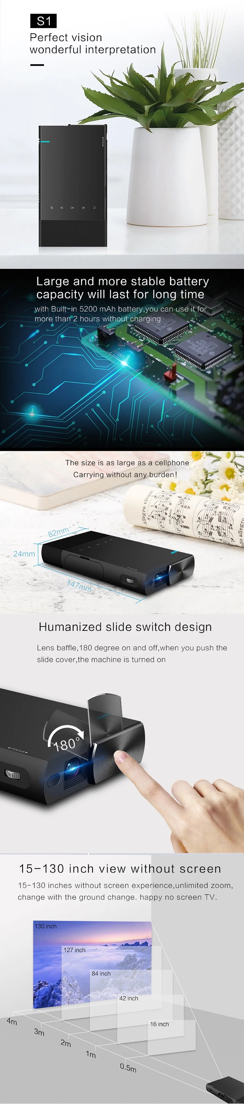 Mini Projector S1 DLP Portable Projector 854*480 HD Home Theater Projector with Touch Keys