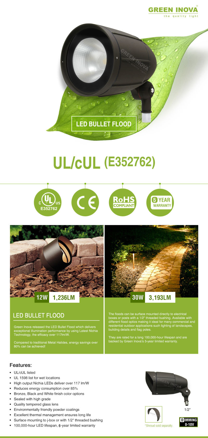 12W 30W LED Bullet Flood Light Flood Light for Outdoor Landscape with Dlc UL