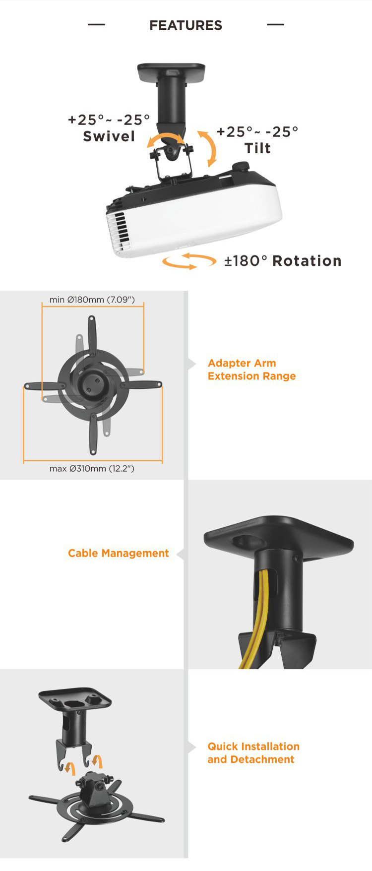 Steel Rotate Projector Ceiling Mount