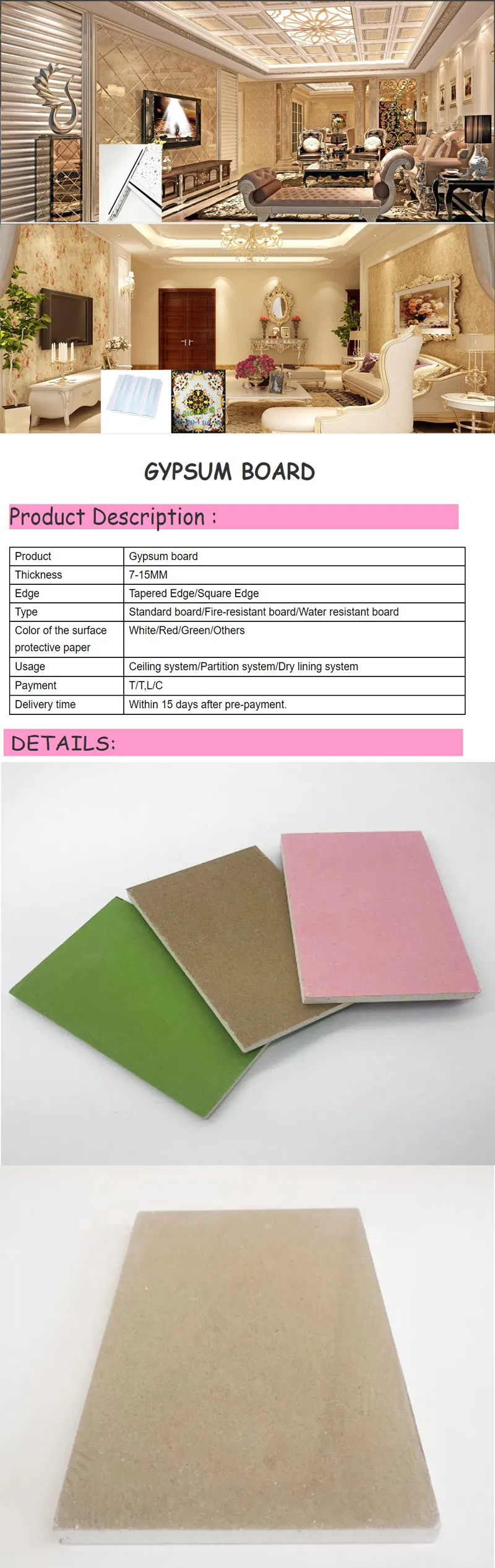 Waterproof Paper Faced Plasterboard Gypsum Boards 9mm