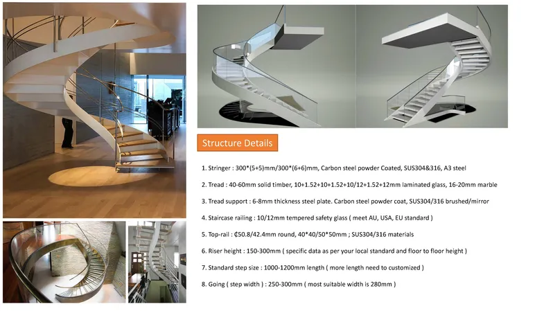 Modern Curved Stairs Glass Railing Design Solid Wood LED Stairs
