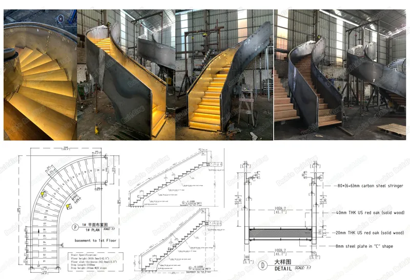 Modern Curved Stairs Glass Railing Design Solid Wood LED Stairs