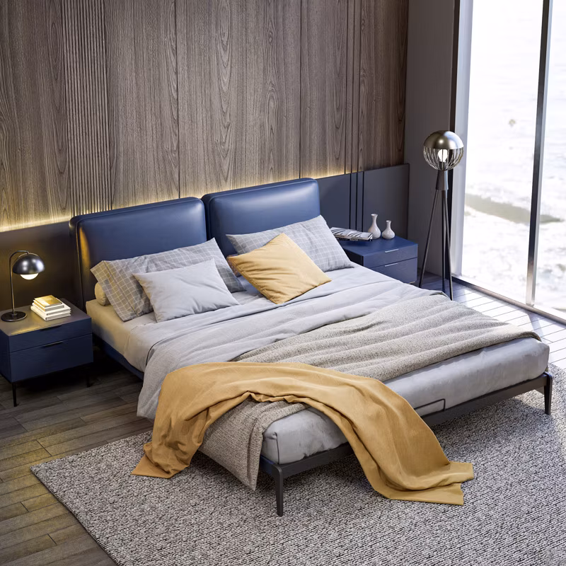 Contemporary European Design Bedroom Furniture Real Leather Upholstered Master Room Bed